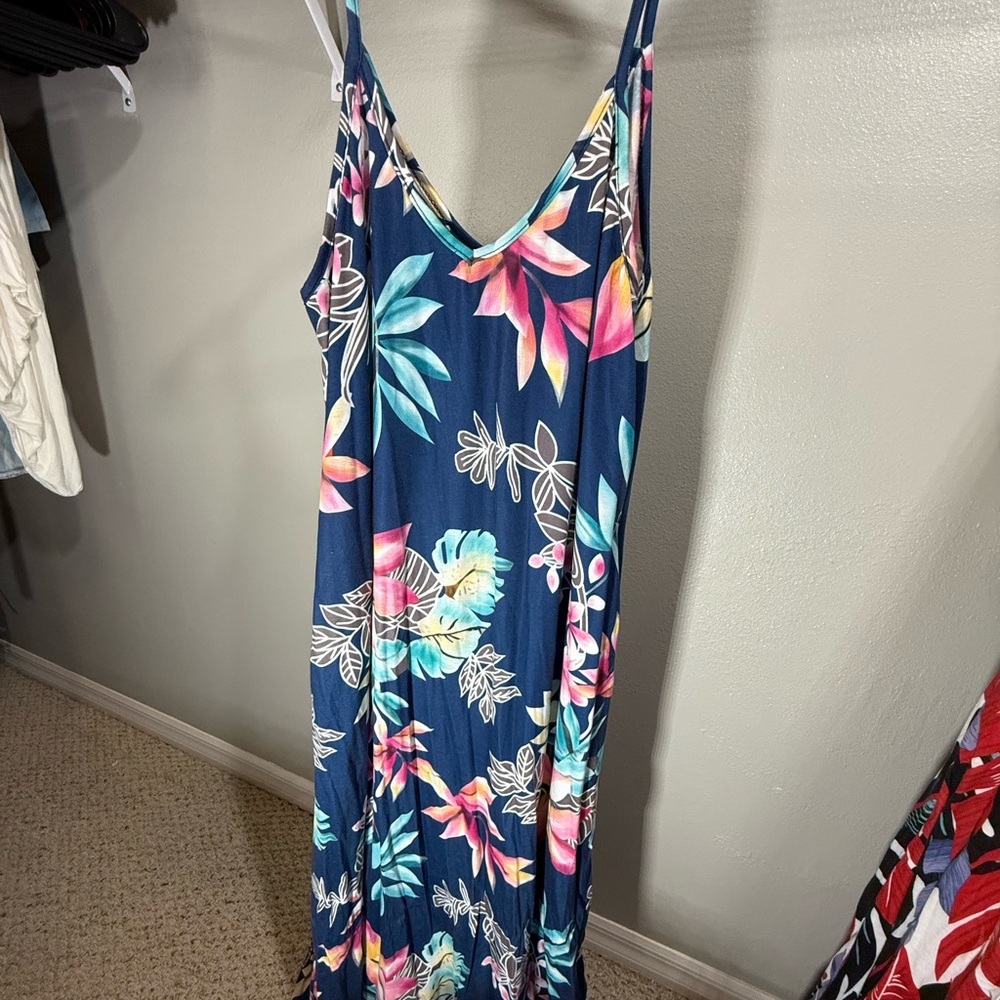 ⚡️Blue Floral Maxi Dress XXL Plus Size Sleeveless V Neck Pockets Flowy
